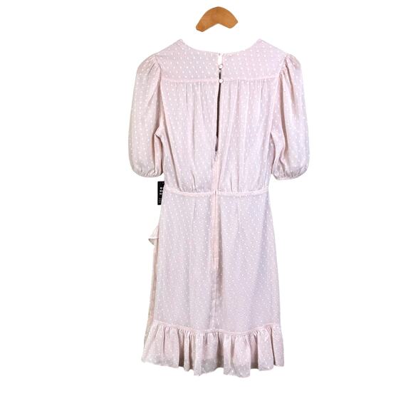 Express NWT Blush Pink Swiss Dot Puff Sleeve Asymmetrical Ruffle Mini Dress - Picture 5 of 12